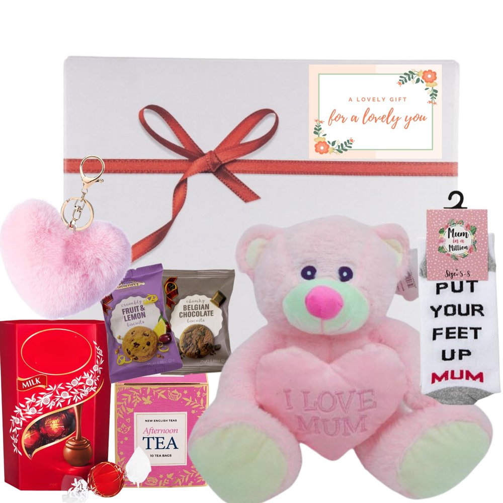 Hamper Gift for Mum Teddy Bear, Chocolate, Afternoon Tea, Biscuits, Cosy Socks & Heart Keyring - Birthday Hamper for Mum, Wife, Grandma
