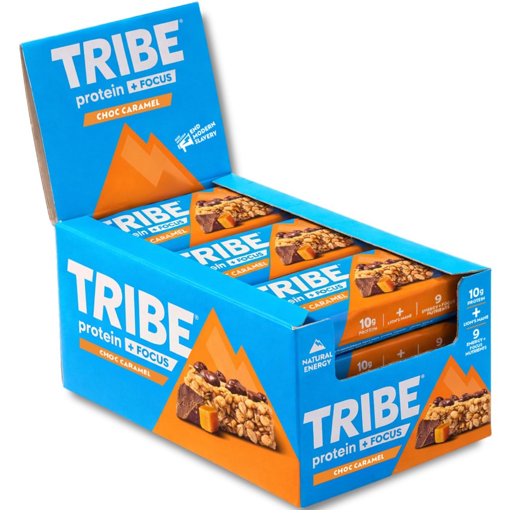 TRIBE Protein + Focus Flapjack Bars - Choc Caramel (12 x 55g) | Vegan Protein Bar | Lion's Mane, Ginseng + 9 Nutrients For Clarity & Natural Energy | Healthy Snack, Source Of Fibre