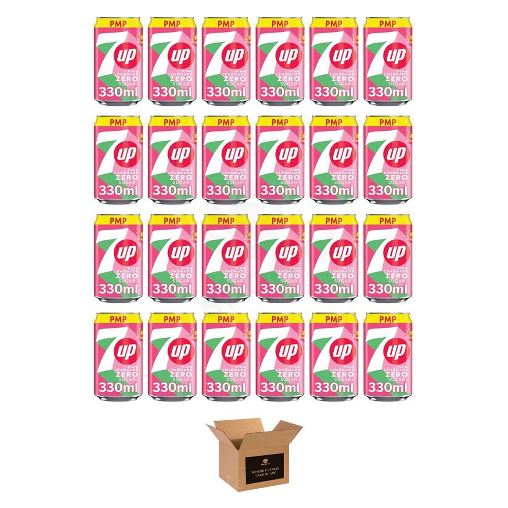 7UP Lemon & Lime Fizzy Drink Variety Regular & Zero Sugar Soft Drinks, Pink Lemonade, No Caffeine | Carbonated Refreshment, Cans/Bottles (Pack 24, Pink Lemonade Can 330ml)