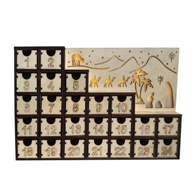 Lodoot Illuminated Wooden Nativity Advent Calendar Cabinet with LED Lights for Christmas Decoration Festival Decorating Tool
