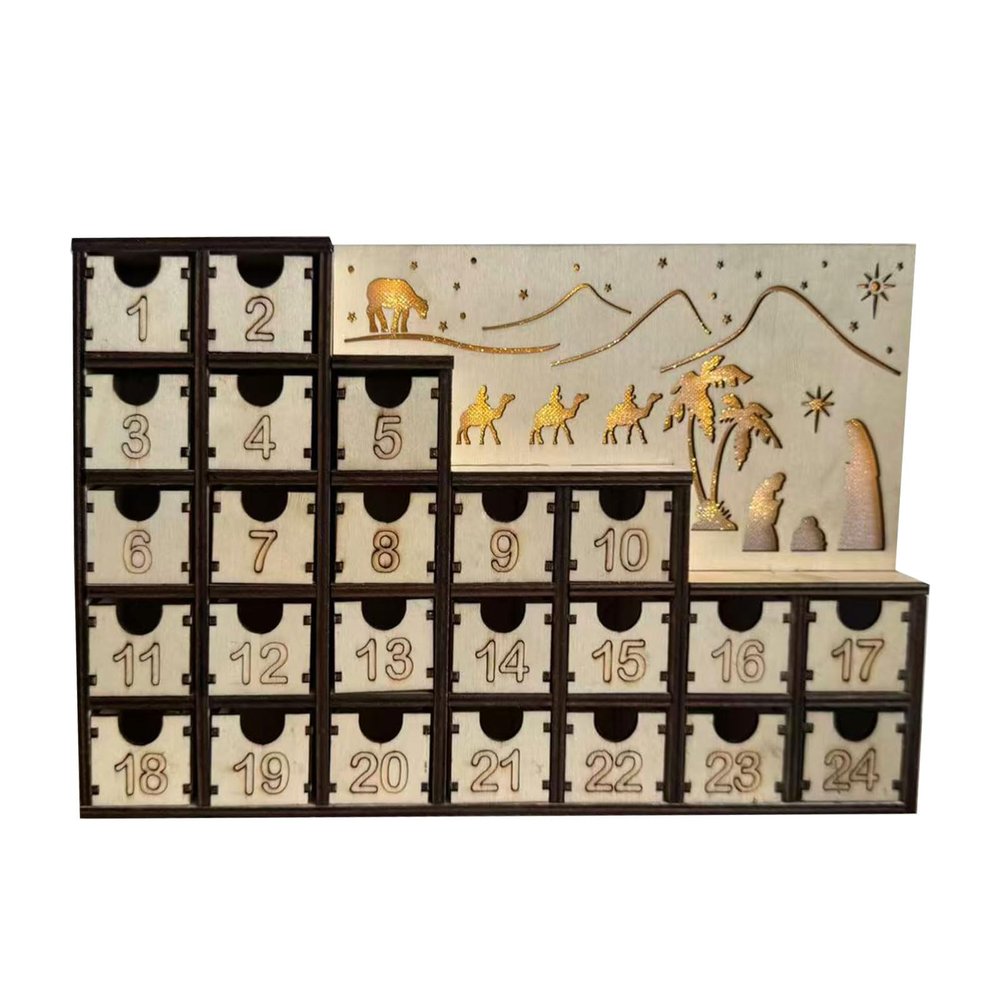 Lodoot Illuminated Wooden Nativity Advent Calendar Cabinet with LED Lights for Christmas Decoration Festival Decorating Tool