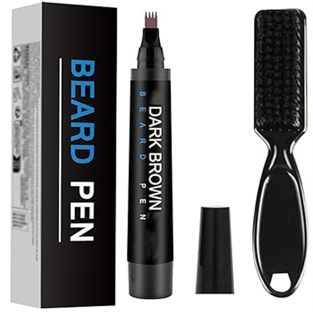 3-in-1 Waterproof Beard Filling Pen Kit for Men Beard Pencil Filler for Natural Shaping, Facial Hair Filler for Moustaches & Eyebrows, Natural & Durable, Effectively Improve Facial Hair (Dark Brown)
