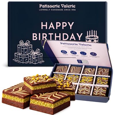 Happy Birthday Dubai Chocolate Gift Box Pistachio kunafa chocolate brownies supplied with a Happy Birthday gift sleeve, suitable for gifting and celebrations.
