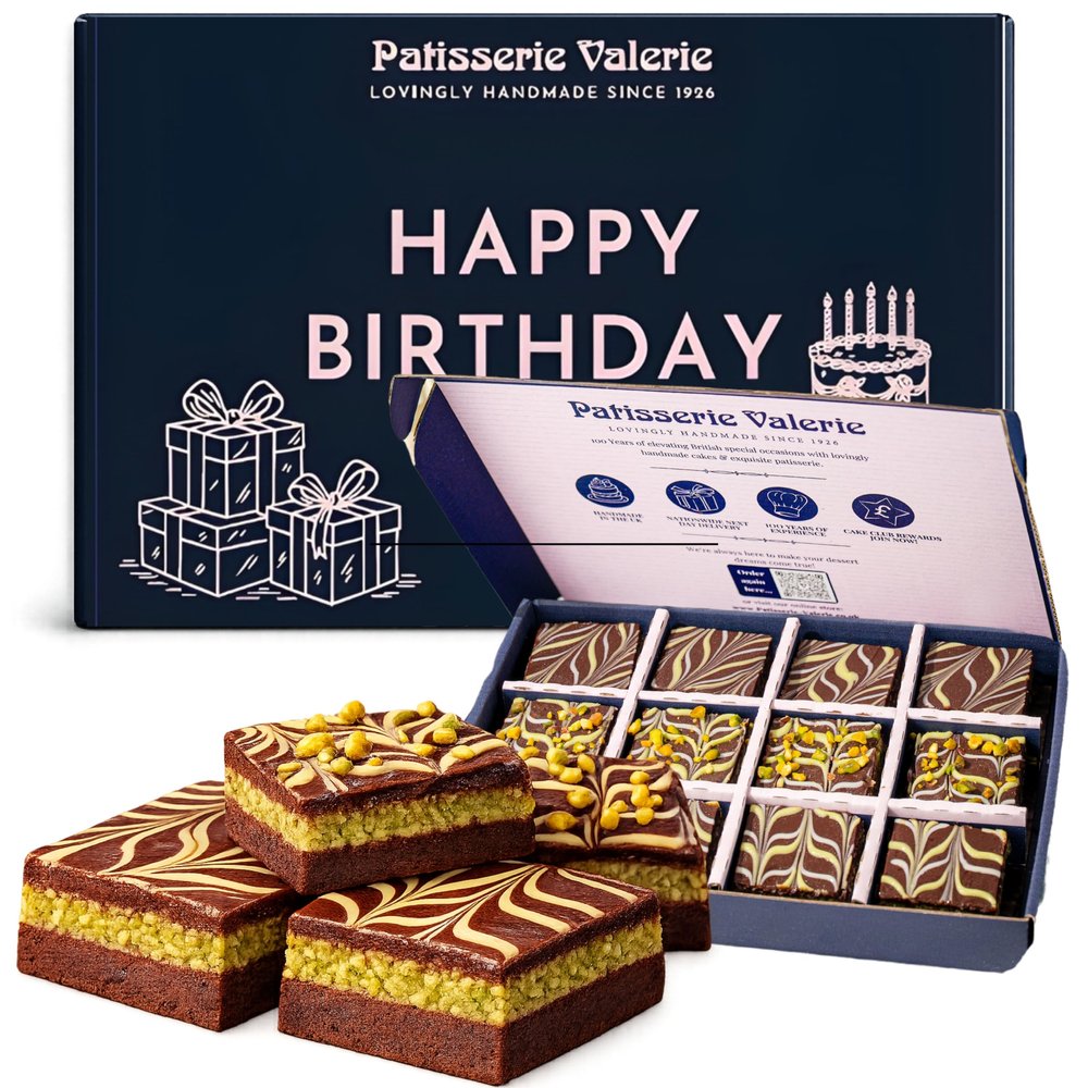 Happy Birthday Dubai Chocolate Gift Box Pistachio kunafa chocolate brownies supplied with a Happy Birthday gift sleeve, suitable for gifting and celebrations.