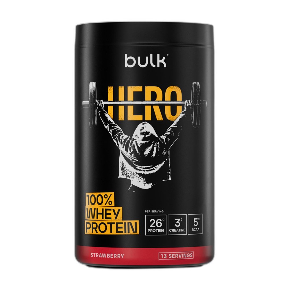 Bulk Hero Whey Protein Powder | Strawberry | 13 Servings | 26g Protein + 3g Creatine | 5g BCAAs | Low Sugar | Fast Absorption | Isolate, Hydrolysed & Concentrate Blend