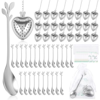 YJQXMYU 25 Set Bridal Shower Tea Party Gift for Guest Wedding Favors 25 Leaf Tea Spoon Heart Shape Infuser Ball for Loose Thank You Card with Organza Bag Elegant Party Favors(Silver)