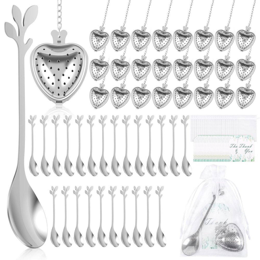 YJQXMYU 25 Set Bridal Shower Tea Party Gift for Guest Wedding Favors 25 Leaf Tea Spoon Heart Shape Infuser Ball for Loose Thank You Card with Organza Bag Elegant Party Favors(Silver)