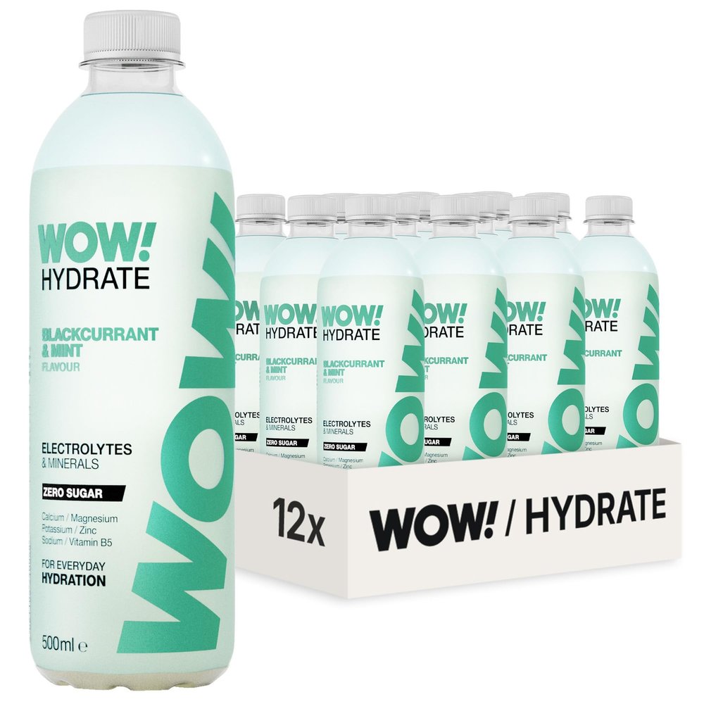 WOW! Hydrate - Blackcurrent & Mint - Electrolyte Drink - 12 x 500ml Ready-to-Drink Bottles - For Everyday Hydration - High Electrolyte, Low Calorie - Sugar Free, Fat Free, Halal Sports Drinks