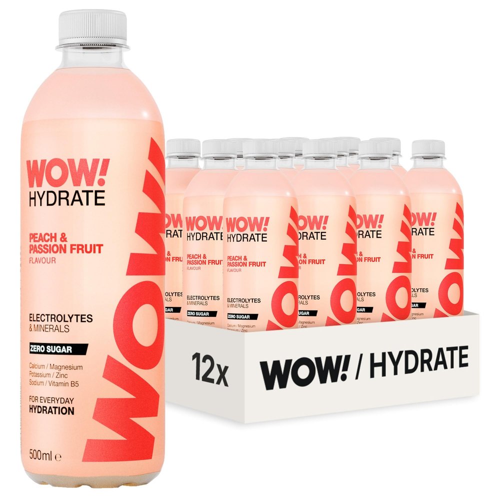 WOW! Hydrate - Peach & Passionfruit - Electrolyte Drink - 12 x 500ml Ready-to-Drink Bottles - For Everyday Hydration - High Electrolyte, Low Calorie - Sugar Free, Fat Free, Halal Sports Drinks