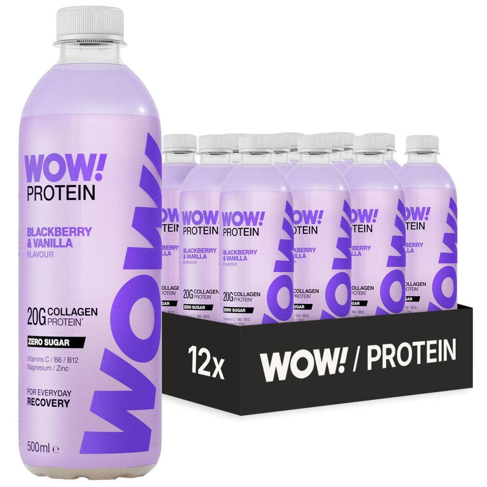 WOW! Protein - Blackberry & Vanilla - 20g Collagen Protein Drink - For Structural Body Support - 12 x 500ml Ready-to-Drink Bottles - Sugar Free, Fat Free, Halal Vitamin Water