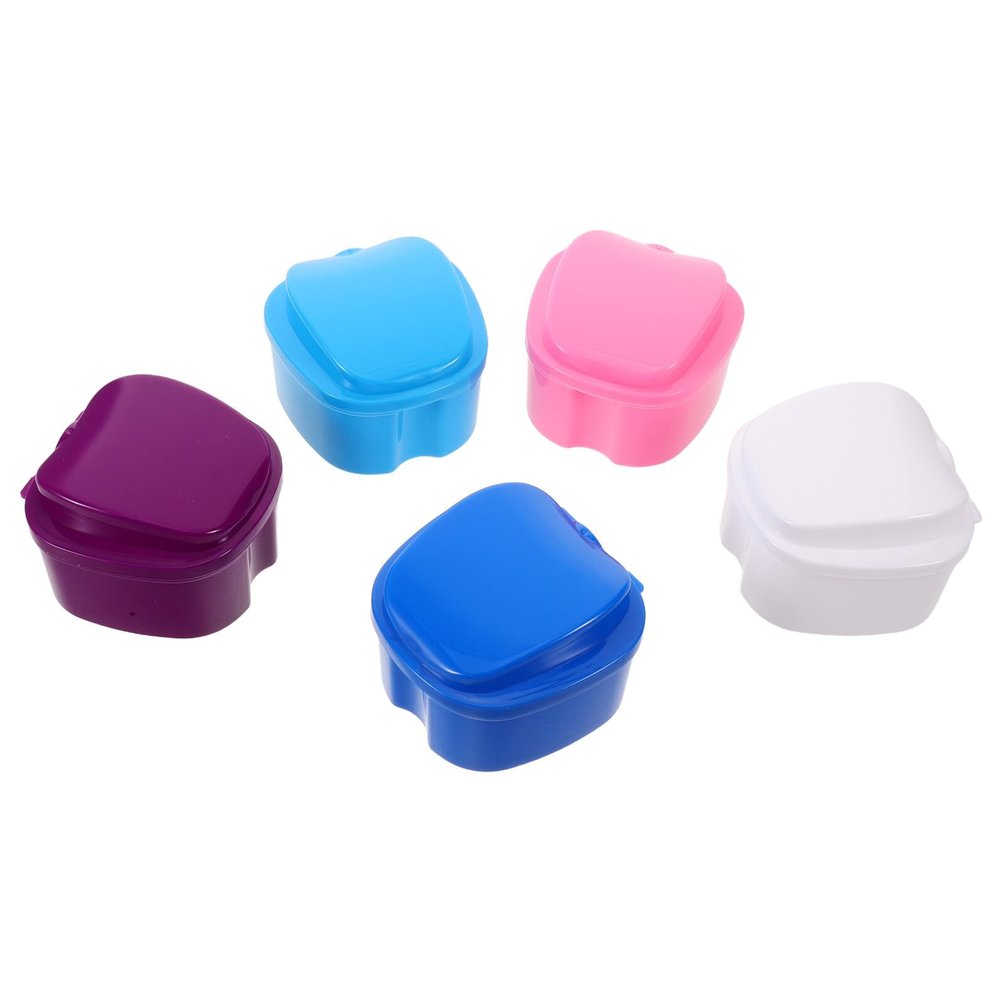 Healvian 5pcs Dental Storage Box Plastic Denture Container for Travel Portable Denture Case Strainer Basket for Cleaning and Soaking False Teeth