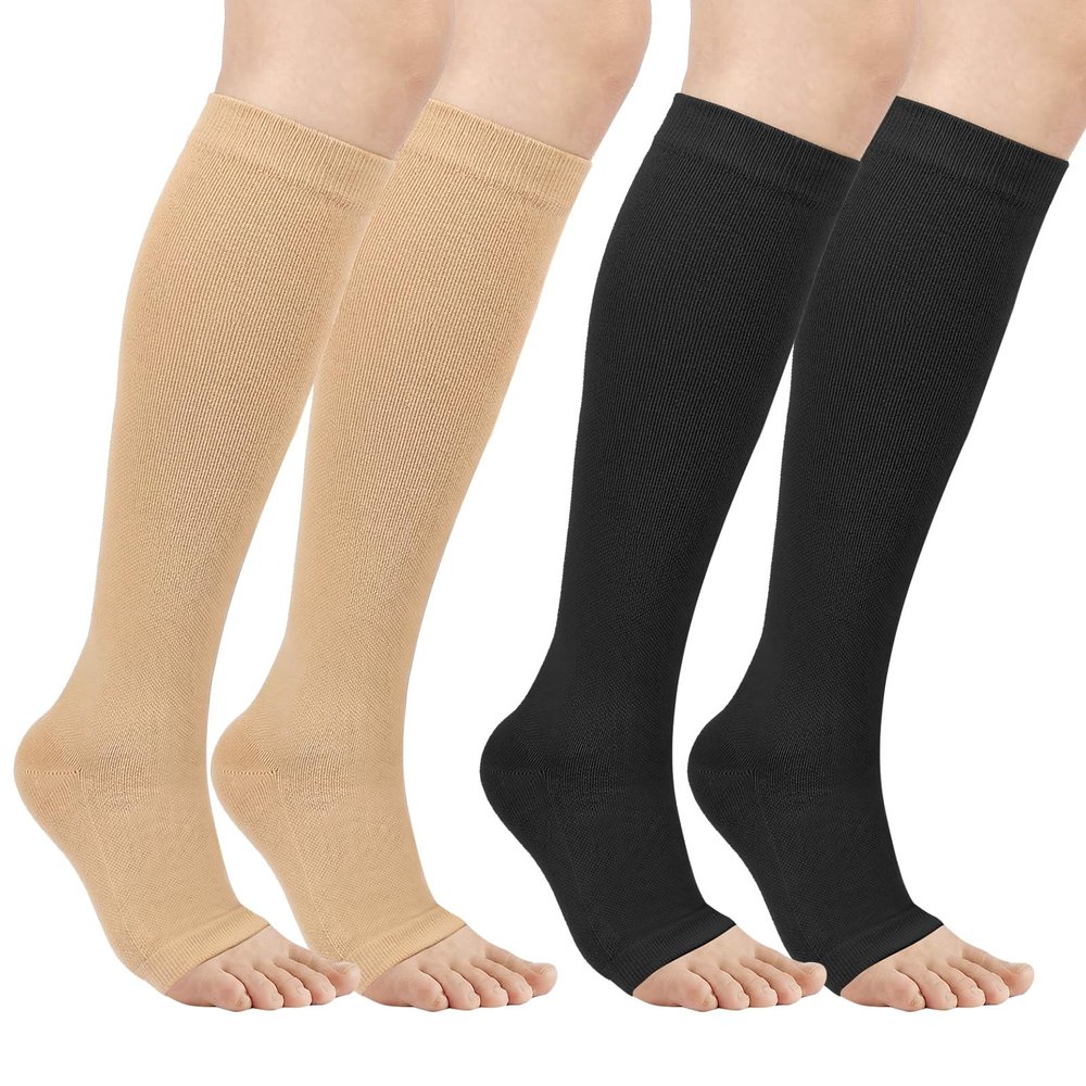 2 Pair Flight Compression Sock, Open Toe Compression Socks Support Socks Women Men, Compression Stockings Calf Pressure Socks for Ladies Women Pregnancy Maternity Travel Flying Work Long Haul Flight