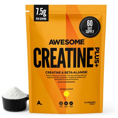 Awesome Creatine Plus+ Powder 3g Creatine Monohydrate + 3g Beta-Alanine Per Serving Supports High-Intensity Performance & Repeated Efforts Lemon Flavour 450g (60 Servings)