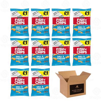 Burtons Fish N Chips Flavoured Baked Snacks Crunchy Retro British Savour Snacking | 5 Snack Bags Classic Lunchbox Crisps for Kids & Adults (Fish N Chips, Salt & Vinegar - 125g x 10Pack) PM 1