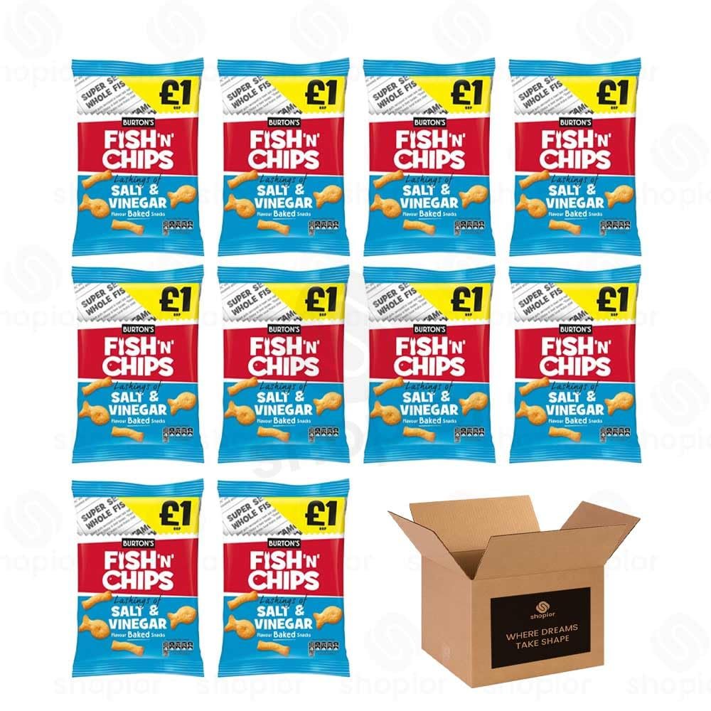 Burtons Fish N Chips Flavoured Baked Snacks Crunchy Retro British Savour Snacking | 5 Snack Bags Classic Lunchbox Crisps for Kids & Adults (Fish N Chips, Salt & Vinegar - 125g x 10Pack) PM 1