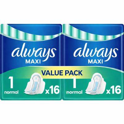 Always Sanitary Towels Maxi Normal Size 1 with Wings - 32 Pads (2 Packs of 16 Each) Protection Bundle Absorbent Core Plus Zone Reliable Leak Barriers Secure Fit Individually Wrapped Feminine Care