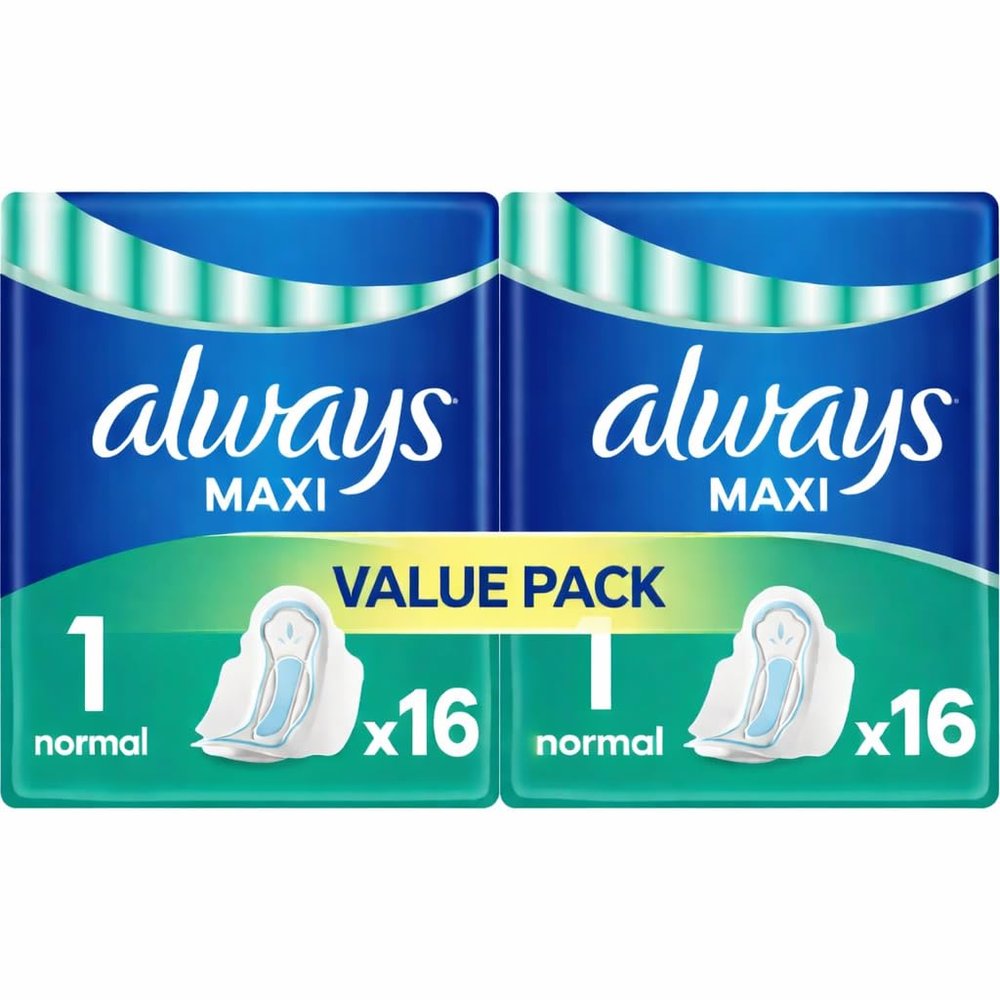 Always Sanitary Towels Maxi Normal Size 1 with Wings - 32 Pads (2 Packs of 16 Each) Protection Bundle Absorbent Core Plus Zone Reliable Leak Barriers Secure Fit Individually Wrapped Feminine Care