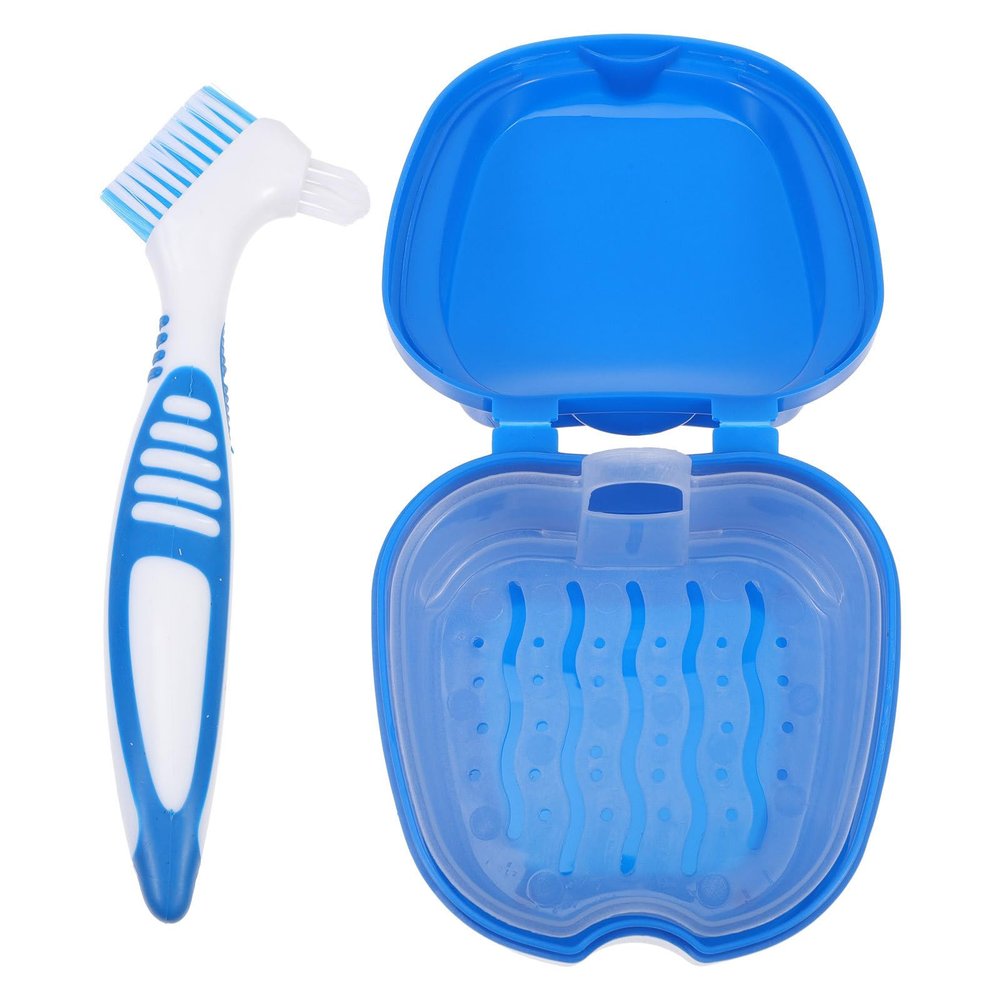 AMUSLESUR Denture Storage Container Brush Kit Portable False Tooth Box with Abs Pp Material Easy to Hold Thorough Cleaning for Orthodontic Denture Holder Users