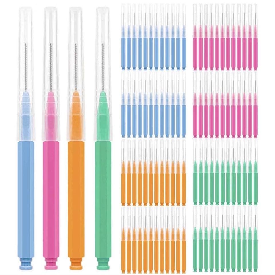 Interdental Brushes for Braces, 100 Count, 4 Colors, Soft Bristles, Dental Floss Picks for Oral Cleaning