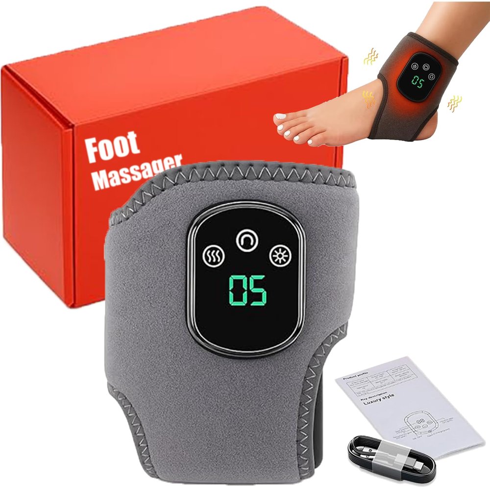 2026 New Footrenew Triple Method Massager, Heated Ankle Wrap with 3 Vibration Modes and 5 Heat Levels, Cordless Electric Feet Massager, Thermal Ankle Brace for Neuropathy & Pain Relief (Gray,1PC)