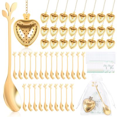 Caffney 25 Sets Bridal Shower Tea Party Favor for Guest Leaf Tea Spoon Heart Shape Infuser Ball for Loose with Thank You Card Organza Bag Wedding Souvenir Present(golden,25 sets)