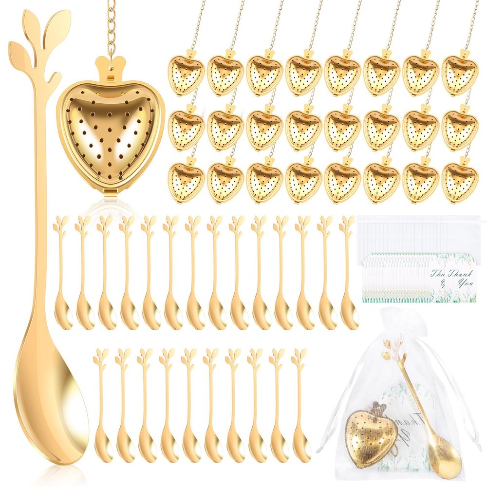 Caffney 25 Sets Bridal Shower Tea Party Favor for Guest Leaf Tea Spoon Heart Shape Infuser Ball for Loose with Thank You Card Organza Bag Wedding Souvenir Present(golden,25 sets)