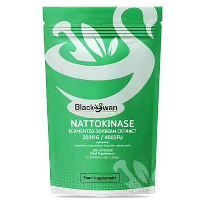 Black Swan Nattokinase Capsules 200mg - 4000 FU High Strength Japanese Fermented Soybean Enzyme Vegan - Non-GMO Gluten Free Formula for Daily Heart and Circulation Support Made in UK (120)