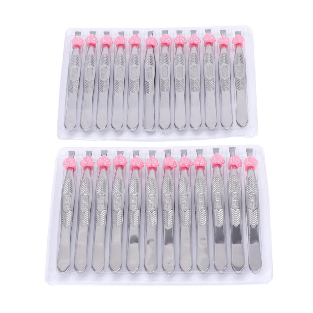 ASAKKURA Stainless Steel Flat Tip Tweezers with Heart Design for Precise Hair Removal and Makeup Application 24pcs Anti-Slip Eyebrow Clip Featuring Perfectly Aligned Tips