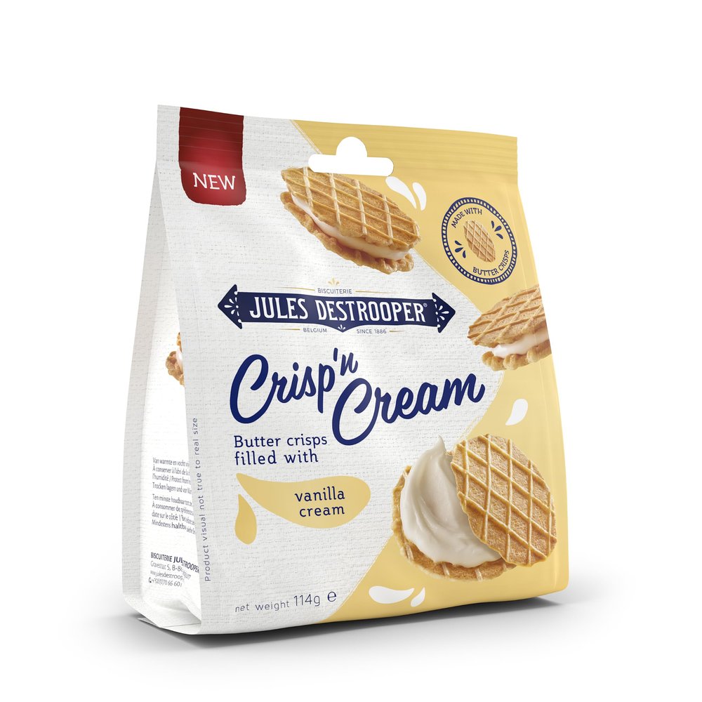 Jules Destrooper Crisp n Cream Butter Crisps Filled with Cream, Pack of 2 (114g Each) | Belgian Butter Biscuits | Premium Snack Gift (Vanilla)