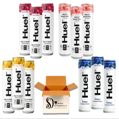 Huuel Daily AZ Vitamins Energy Drink Variety Flavor Pack 12x 330ml Cans | Multivitamin Fizzy Drink Made with Real Fruit, Rich in Electrolytes, Low Calorie, Caffeine Boost