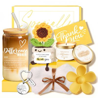 Thank You Gifts for Women Appreciation Gift Basket Sunflower Candle Glass Cup Crochet Decor Unique Set for Coworkers Teacher Employee Volunteer Social Worker Paraprofessional Appreciation