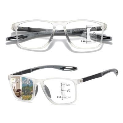 Progressive Multifocal Reading Glasses for Men and Women, Sporty Design Computer Readers, Flexible Anti-Blue Light Readers(Transparent/Gray,3.0x)