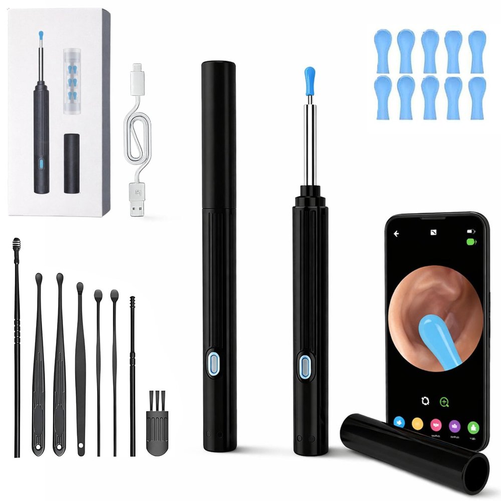 10MP HD Ear Cleaner with Camera, 2-in-1 Ear Wax Removal Camera Tool with Precision Tweezers & Silicone Scoop, LED Lights, IP67 Waterproof, Wireless and Easy to Use (Black)