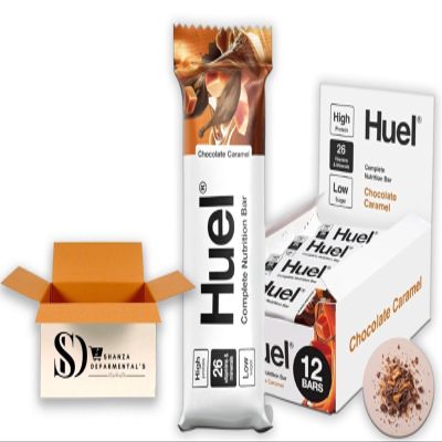 Huuel Complete Nutrition Bar, 55g Bars, High Protein Bar, Plant-Based Protein Bars, Low Sugar, High Fibre, High-Protein Snack with Vegan Choc (12 Bars, Chocolate Caramel)