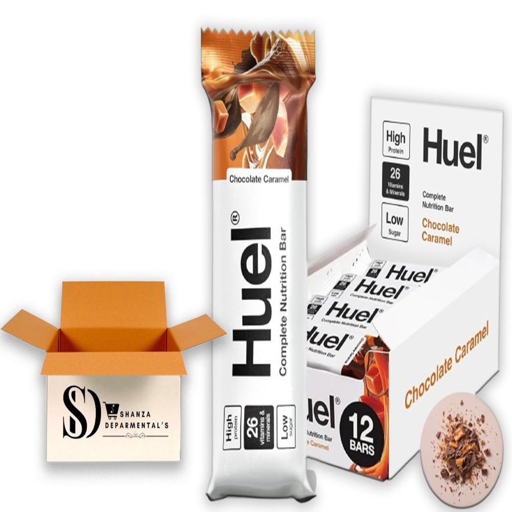 Huuel Complete Nutrition Bar, 55g Bars, High Protein Bar, Plant-Based Protein Bars, Low Sugar, High Fibre, High-Protein Snack with Vegan Choc (12 Bars, Chocolate Caramel)