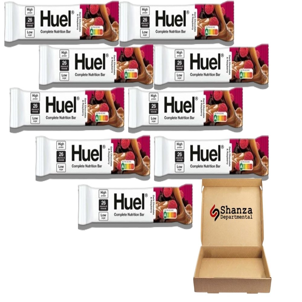 Huuel Complete Nutrition Bar, 55g Bars, High Protein Bar, Plant-Based Protein Bars, Low Sugar, High Fibre, High-Protein Snack with Vegan Choc (9 Bars, Dark Chocolate Raspberry)