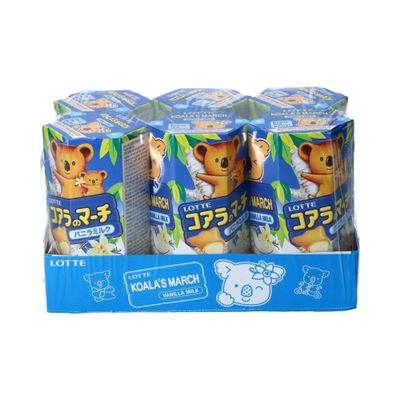 Koala March Filled Biscuits 37g x 6 Chocolate/Strawberry/Vanilla Milk Flavours - Crunchy Bites with Creamy Centre | Cute Koala Print Cookies (6 Pack, Vanilla Milk)