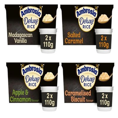 Ambrosia Deluxe Rice Pudding Variety Pack, Madagascan Vanilla, Salted Caramel, Apple & Cinnamon, Caramelised Biscuit, 2x110g Each - (Pack of 8)