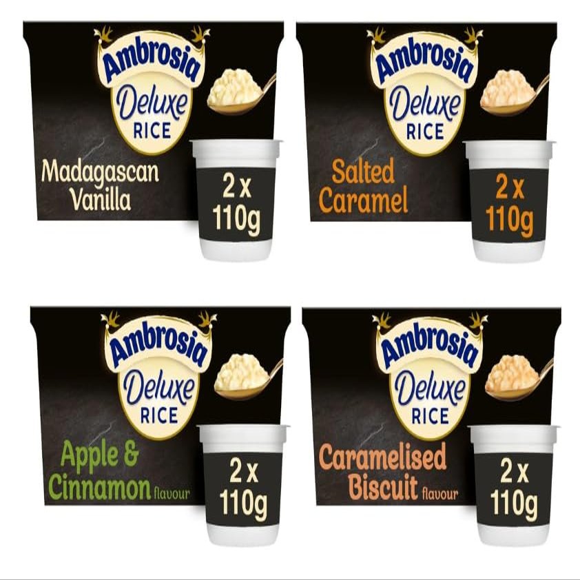 Ambrosia Deluxe Rice Pudding Variety Pack, Madagascan Vanilla, Salted Caramel, Apple & Cinnamon, Caramelised Biscuit, 2x110g Each - (Pack of 8)