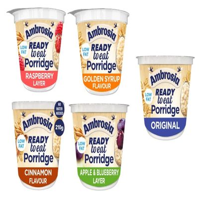 Ambrosia Ready to Eat Porridge, Low Fat, Multiple Flavours, Original, Raspberry Layer, Golden Syrup, Cinnamon, Apple & Blueberry, 210g - (Pack of 5)