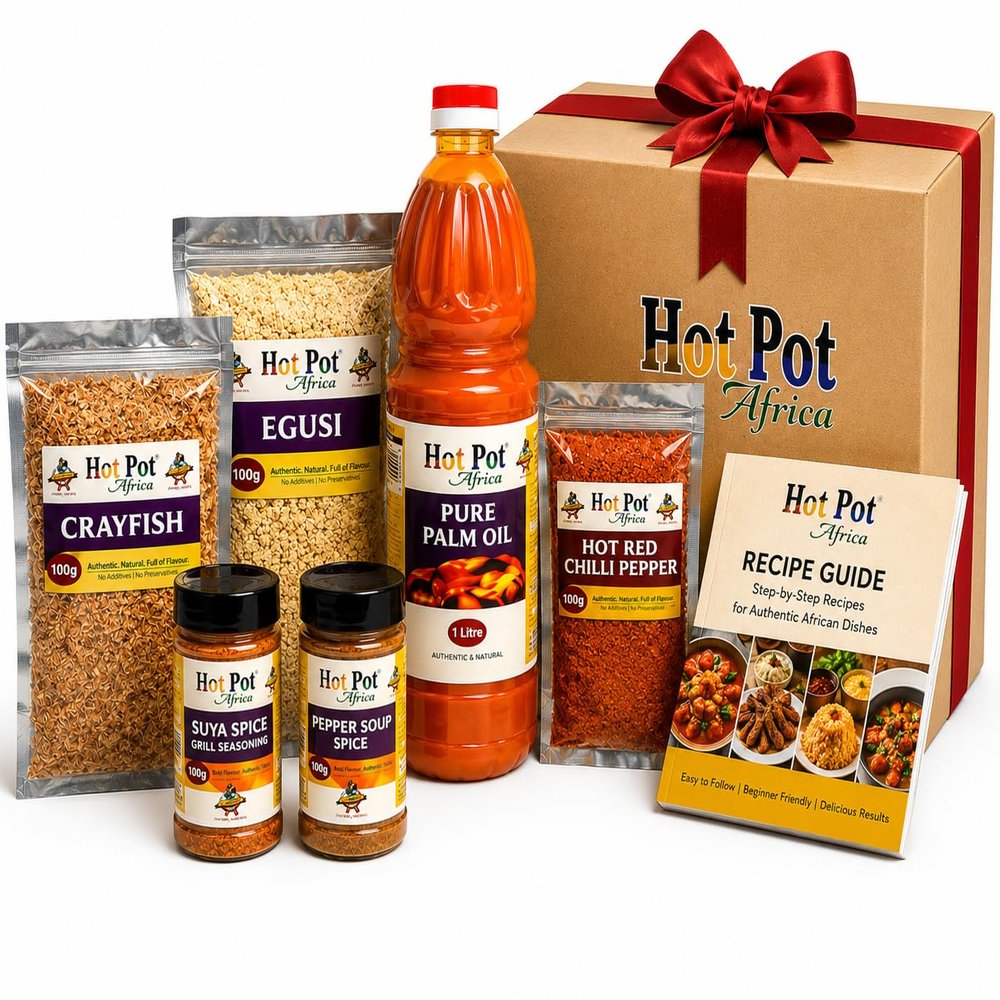 African Cooking Starter Kit with Recipe Guide | Discover Authentic African Cuisine at Home | Palm Oil, Egusi, Crayfish, Suya Spice, Pepper Soup Spice & Hot Chilli | Culinary Gift for Food Explorers