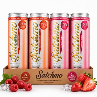Satchmo Caribbean Rum Cocktail combo Strawberry Daiquiri and Raspberry Mojito, 12% ABV, Ready to Drink, 250ml, 4 Pack (4 x 250 ML -12% ABV)