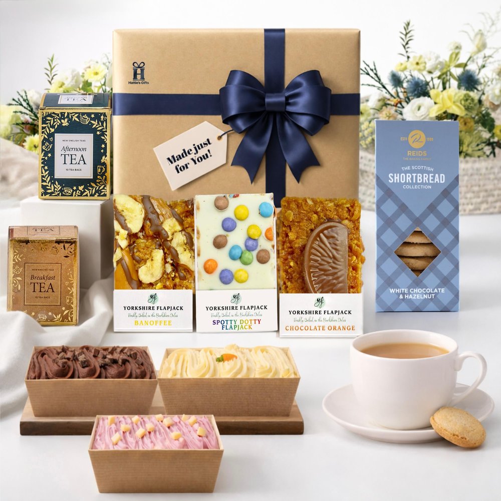 Afternoon Tea Hamper Gift Box Birthday Treat Box with English Tea, Mini Cakes, Flapjacks & Biscuit Sweet Treats Cakes and Desserts Selection by Hatties Gifts
