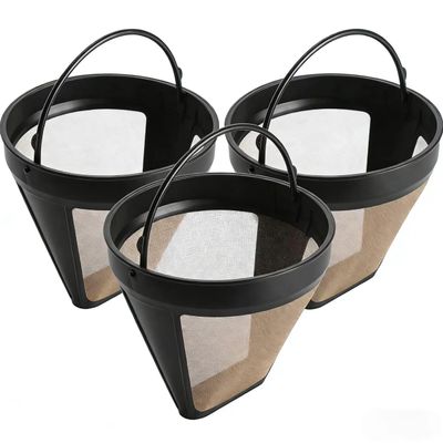 Taller #4 Reusable Coffee Filter, Gold-Tone Permanent Cone Filter Replacement Compatible with KRUPS, Braun BrewSense, DeLonghi 14-Cup Drip Coffeemakers & Ninja Coffee Bar-3 Pack