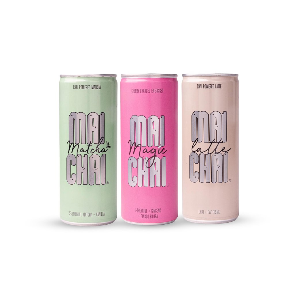Mai Chai - Ready To Drink Latte & Energy Drink Variety Pack - Chai Latte, Matcha Latte & Sparkling Cherry Energy, Vegan Functional Drinks On The Go - 3 x 250ml Cans