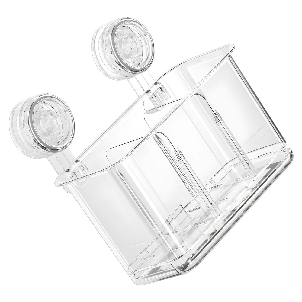 Dolltobe Kitchen Utensil Holder, Wall Mount With Suction Cups, 8.1 In / 20.6 Cm, Dual Compartments, Clear