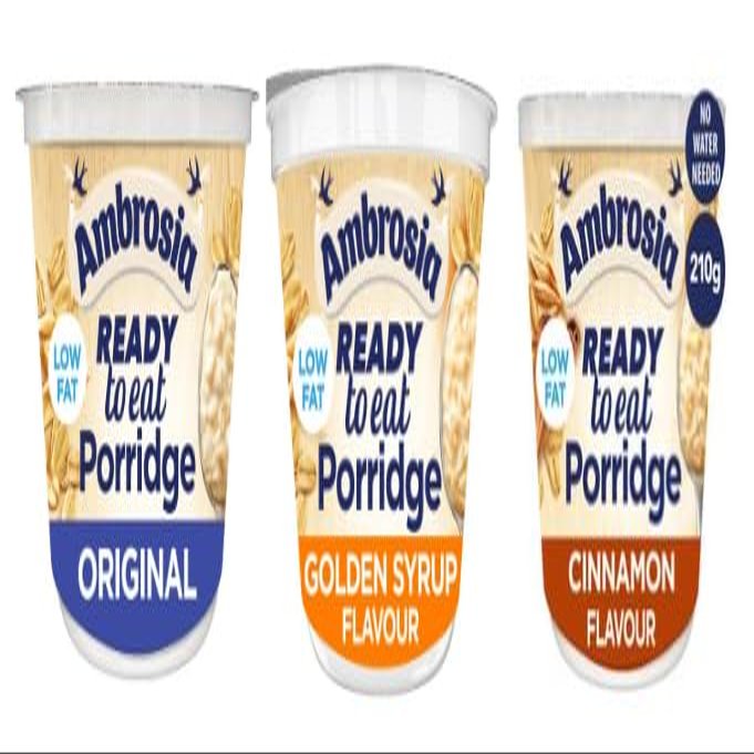 Ambrosia Ready to Eat Porridge, Low Fat, Original, Golden Syrup, Cinnamon Flavours, 210g