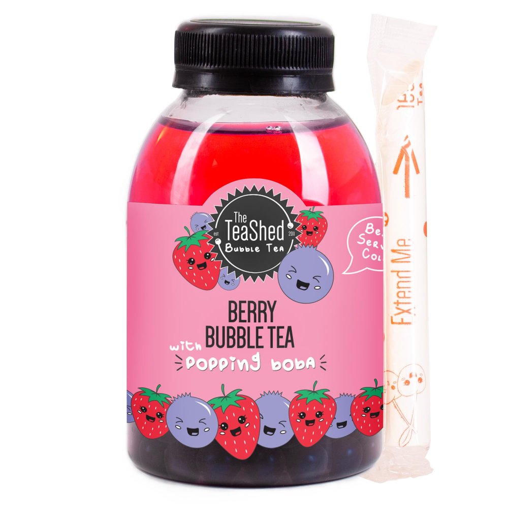 The TeaShed Ready to Drink Berry Bubble Tea, Strawberry Iced Tea with Blueberry Popping Boba, 250ml Bottle with Extendable Straw