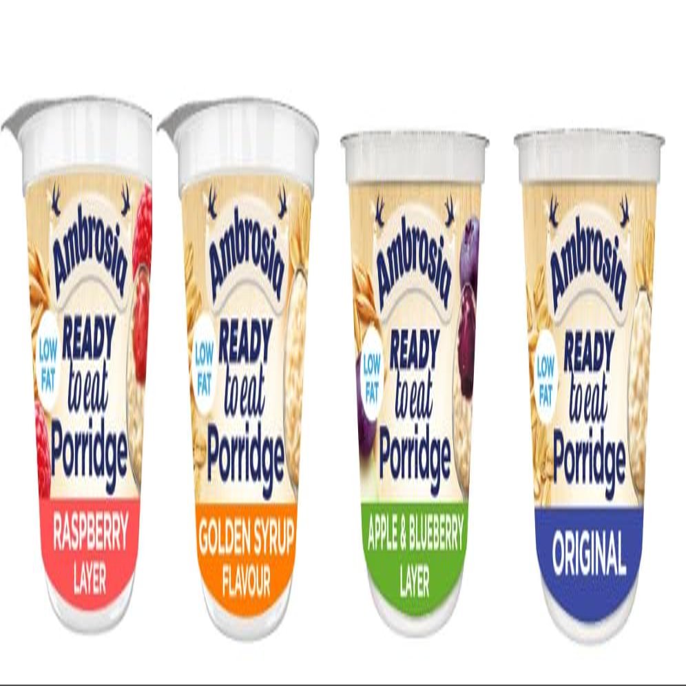Ambrosia Ready to Eat Porridge, Low Fat, Assorted Flavours, Raspberry Layer, Golden Syrup, Apple & Blueberry, Original