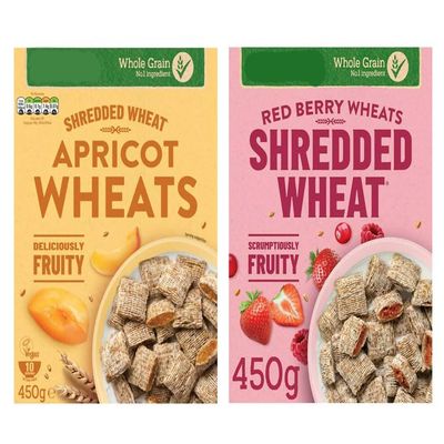 Shredded Wheat Apricot Wheats and Red Berry Wheats Breakfast Cereal, High in Fibre, Vegan, 450g, Pack of 2